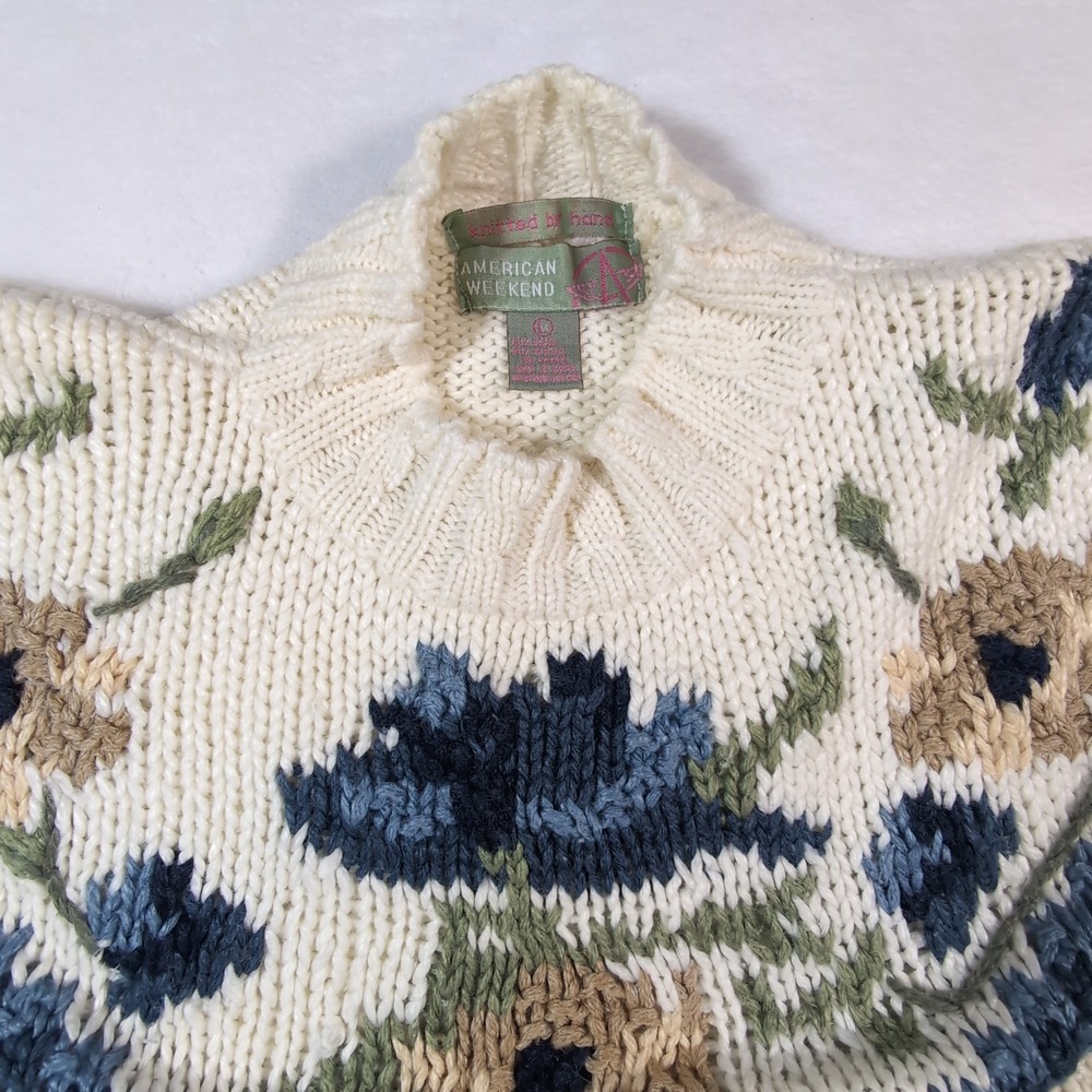 Vintage American Weekend Sweater Chunky Women Large Floral Hand Knit Grandmacore - Picture 3 of 10